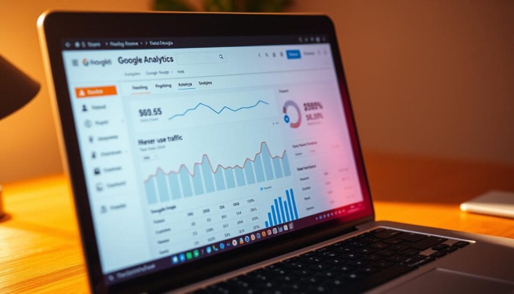 A close-up view of a laptop screen displaying the Google Analytics dashboard, showcasing various data visualizations and metrics. The display presents a detailed analysis of website traffic, user behavior, and conversion rates. The scene is bathed in warm, directional lighting, highlighting the information on the screen. The background is slightly blurred, keeping the focus on the analytical data. The overall atmosphere conveys a sense of thoughtful, data-driven decision-making. Renda Passiva com Marketing de Afiliados 1