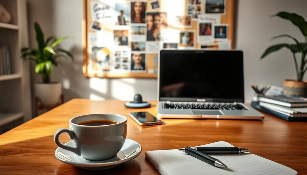 A cozy workspace with a laptop, smartphone, and other social media essentials arranged neatly on a wooden desk. In the background, a mood board filled with inspirational images and handwritten notes hangs on the wall, hinting at the creative process behind effective social media management. Soft, natural lighting illuminates the scene, creating a warm and productive atmosphere. In the foreground, a cup of coffee and a pen-and-paper notebook suggest the balanced approach of a seasoned freelance social media professional, blending technology with traditional methods. Trabalhos freelance para social media