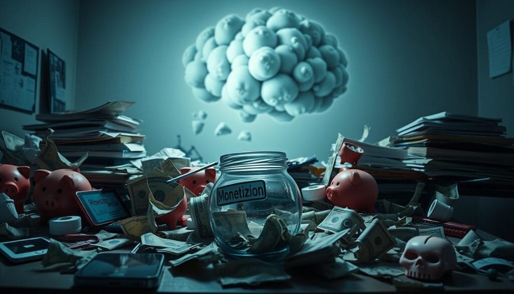 A disorganized desk littered with broken piggy banks, crumpled dollar bills, and a smartphone displaying social media analytics in disarray. Harsh fluorescent lighting casts deep shadows, creating a sense of chaos and missed opportunities. The foreground features a shattered glass jar labeled "Monetization" amidst the clutter, symbolizing the costly mistakes that can derail social media earnings. In the background, a looming cloud of confusion and frustration hovers, underscoring the importance of avoiding these "fatal errors" to unlock the true earning potential of social platforms.