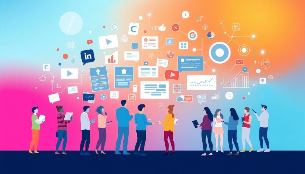 A modern and visually captivating illustration depicting "Growth Strategies for Valuable Social Media Content". Set against a vibrant, gradient background, the foreground features a group of diverse individuals, each representing a different social media platform or channel. They are strategically positioned, collaborating and exchanging ideas, symbolizing the synergy required to create impactful, valuable content. The middle ground showcases various content formats, such as videos, images, and infographics, all radiating an aura of engagement and shareability. In the background, a constellation of data visualizations and analytical insights provide the framework for data-driven content strategies. The overall composition conveys a sense of dynamism, creativity, and the pursuit of authentic, audience-centric content that drives growth and engagement on social media.