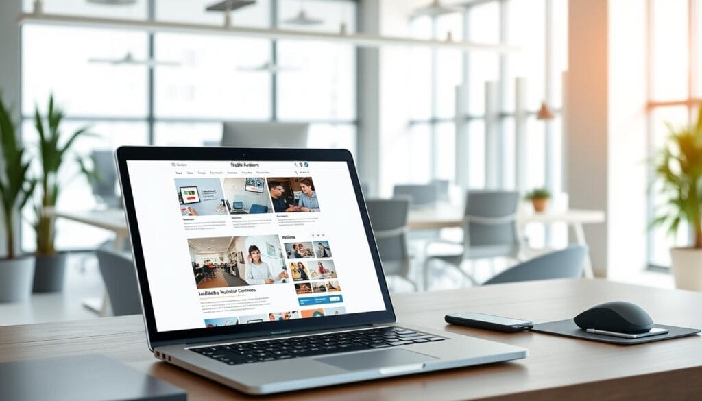 A modern, sleek platform with a clean, minimalist design showcasing a blog interface. In the foreground, a laptop screen displays the blog's homepage, featuring a visually appealing layout with neatly organized content sections. The middle ground features a desk setup with a mouse, keyboard, and a smartphone, creating a workspace atmosphere. The background depicts a bright, airy office environment with large windows allowing natural light to flood the space, creating a welcoming and productive ambiance. The overall scene conveys a sense of professionalism, efficiency, and a focus on digital marketing and affiliate content creation. Renda Passiva com Marketing de Afiliados