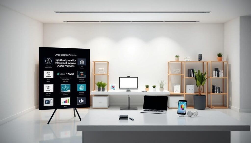 A serene and minimalist digital product storefront, showcasing a selection of high-quality passive income digital products. The foreground features a clean, modern display with various digital icons and product thumbnails, inviting the viewer to explore the offerings. The middle ground depicts a sleek, well-organized workspace, with a laptop, tablet, and other productivity tools, hinting at the ease of creating and managing these passive income streams. The background is a soft, calming gradient, creating a professional and aspirational atmosphere, ideal for an article on online extra income ideas. Ideias de Renda Extra Online