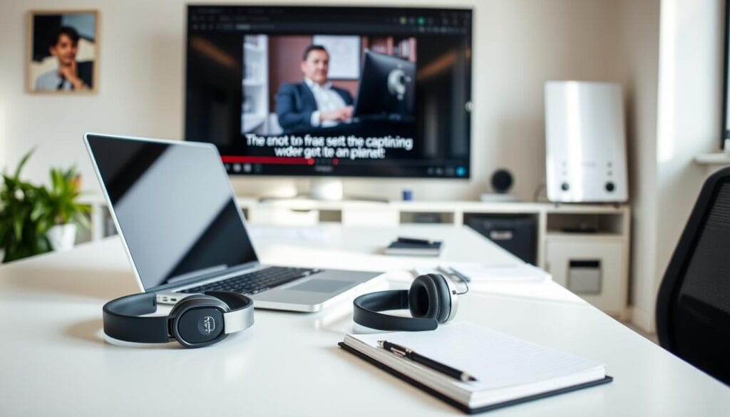 A serene, well-lit office setting with a laptop, headphones, and a notepad on a clean, organized desk. In the background, a large monitor displays a video player with subtitles, indicating the task of video transcription and captioning. The lighting is soft and natural, creating a calming, productive atmosphere. The composition emphasizes the tools and equipment necessary for the task, suggesting a professional and efficient workflow. The angle is slightly elevated, providing a comprehensive view of the workspace and the activity taking place. Ideias de Renda Extra Online