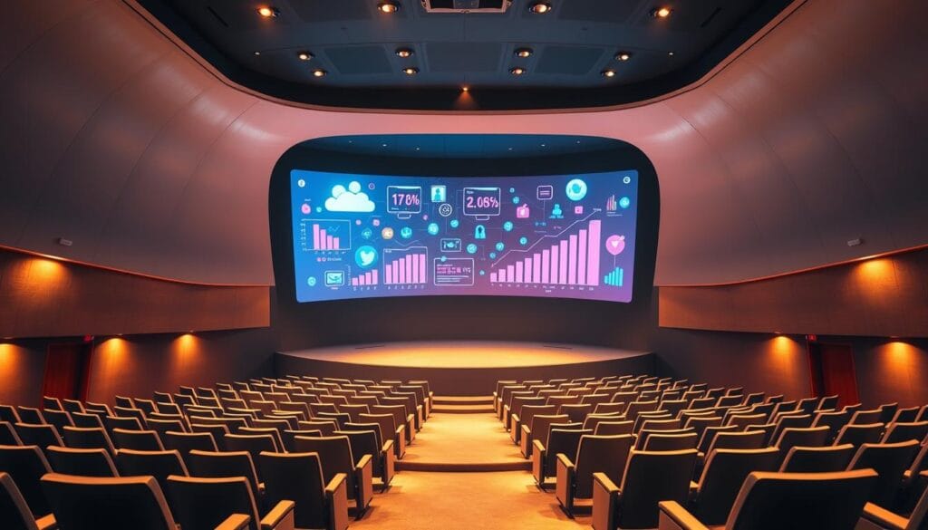 A sleek, modern digital auditorium with a curved, high-tech display screen at the center. The screen projects vibrant social media icons, graphs, and data visualizations, reflecting the strategic focus on digital marketing and social networks. The auditorium is bathed in warm, directional lighting that casts dynamic shadows, creating a sense of depth and drama. The audience seating is minimalist and ergonomic, creating a professional, collaborative atmosphere. The walls feature subtle, abstract patterns that complement the digital theme. The overall impression is one of a cutting-edge, forward-thinking space dedicated to the exploration of digital strategy and social media marketing. A sleek, modern digital auditorium with a curved, high-tech display screen at the center. The screen projects vibrant social media icons, graphs, and data visualizations, reflecting the strategic focus on digital marketing and social networks. The auditorium is bathed in warm, directional lighting that casts dynamic shadows, creating a sense of depth and drama. The audience seating is minimalist and ergonomic, creating a professional, collaborative atmosphere. The walls feature subtle, abstract patterns that complement the digital theme. The overall impression is one of a cutting-edge, forward-thinking space dedicated to the exploration of digital strategy and social media marketing.