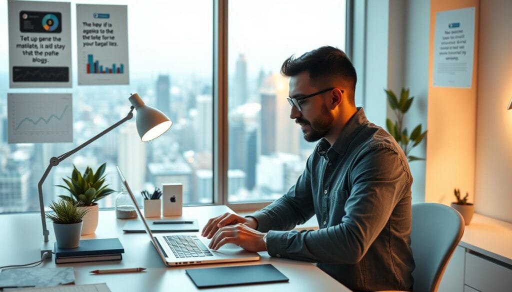 A social media manager working diligently at a modern, minimalist desk. In the foreground, they are intently focused on a laptop screen, fingers rapidly typing. Surrounding them are neatly organized stationery, a stylish desk lamp, and a potted plant, creating a clean, productive atmosphere. In the middle ground, the walls are adorned with inspirational quotes and analytics dashboards, reflecting the data-driven nature of digital marketing. The background features a large window overlooking a bustling city skyline, evoking a sense of connectivity and opportunity. The lighting is soft and warm, casting a gentle glow over the scene. The overall composition conveys the dynamic, technology-driven world of social media management for businesses. Ideias de Renda Extra Online