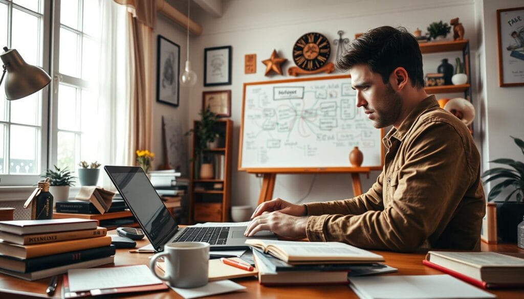 High-quality infoproduct creation - a meticulously crafted scene showcasing the process of developing engaging content. In the foreground, a writer intently types on a laptop, surrounded by a clutter of notes, books, and a cup of coffee. The middle ground features a whiteboard covered in mind maps and brainstorming ideas, while the background depicts a cozy, well-lit home office with tasteful decor and warm lighting, evoking a productive and inspirational atmosphere. The overall mood is one of focused creativity and attention to detail, capturing the essence of crafting premium digital products. High-quality infoproduct creation - a meticulously crafted scene showcasing the process of developing engaging content. In the foreground, a writer intently types on a laptop, surrounded by a clutter of notes, books, and a cup of coffee. The middle ground features a whiteboard covered in mind maps and brainstorming ideas, while the background depicts a cozy, well-lit home office with tasteful decor and warm lighting, evoking a productive and inspirational atmosphere. The overall mood is one of focused creativity and attention to detail, capturing the essence of crafting premium digital products.